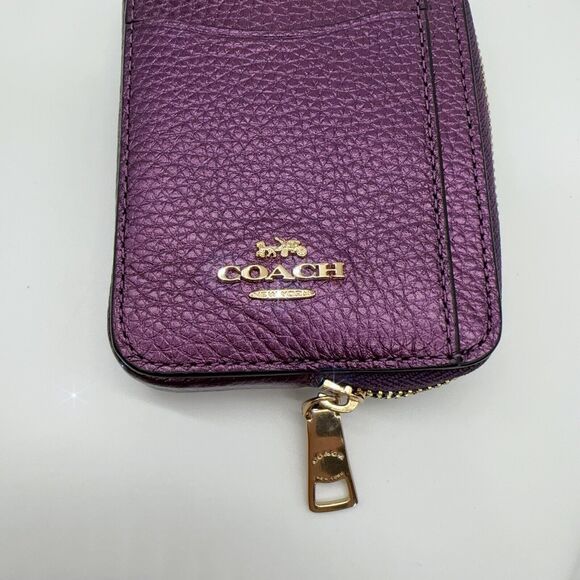 Coach CF415 Metallic Plum Purple Zip Card Case Pebble Leather Chain ID Wallet - Picture 6 of 8
